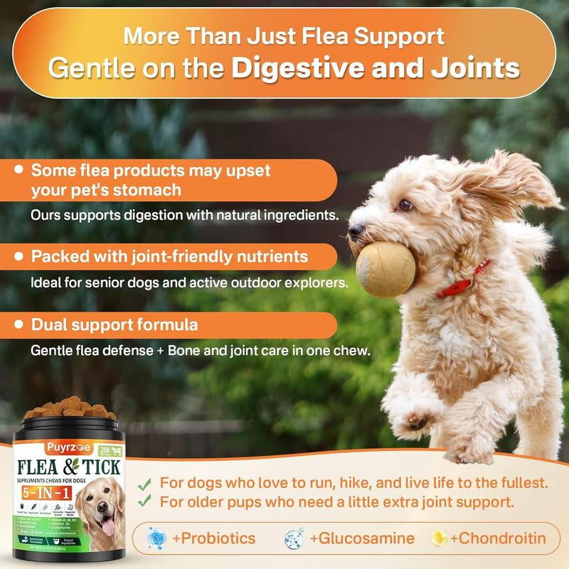 PUYRZOE 5-In-1 Natural Flea & Tick Chews for Dogs | Grain-Free Formula Supporting Joint, Skin, Immune, and Digestive Health | Delicious Beef Flavor for All Ages