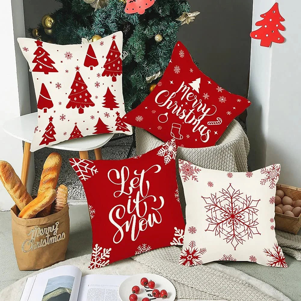 Christmas Pillow Covers,  18 X 18" Set of 4 Farmhouse Pillow Covers Holiday Rustic Linen Pillow Case for Sofa Couch Christmas Decorations Throw Pillow Covers, Red
