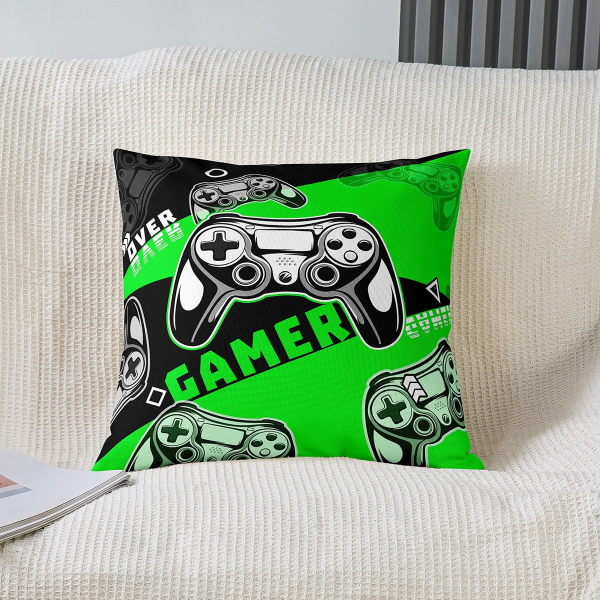 Gamer Pillow Cover Teens,Video Game Throw Pillow Cover 22X22 Inch,Gaming Cushion Cover Gamer Room Decor,Green Black Gamepad Controller Decorative Pillow Cover