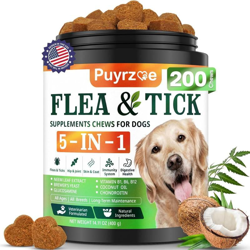 PUYRZOE 5-In-1 Natural Flea & Tick Chews for Dogs | Grain-Free Formula Supporting Joint, Skin, Immune, and Digestive Health | Delicious Beef Flavor for All Ages
