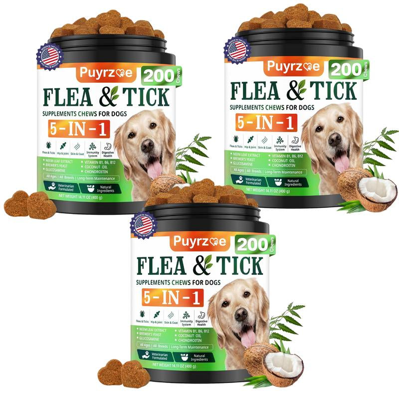 PUYRZOE 5-In-1 Natural Flea & Tick Chews for Dogs | Grain-Free Formula Supporting Joint, Skin, Immune, and Digestive Health | Delicious Beef Flavor for All Ages