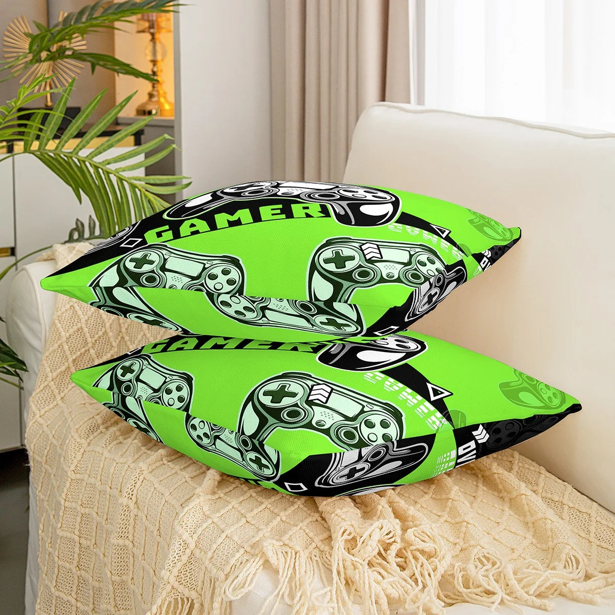 Gamer Pillow Cover Teens,Video Game Throw Pillow Cover 22X22 Inch,Gaming Cushion Cover Gamer Room Decor,Green Black Gamepad Controller Decorative Pillow Cover