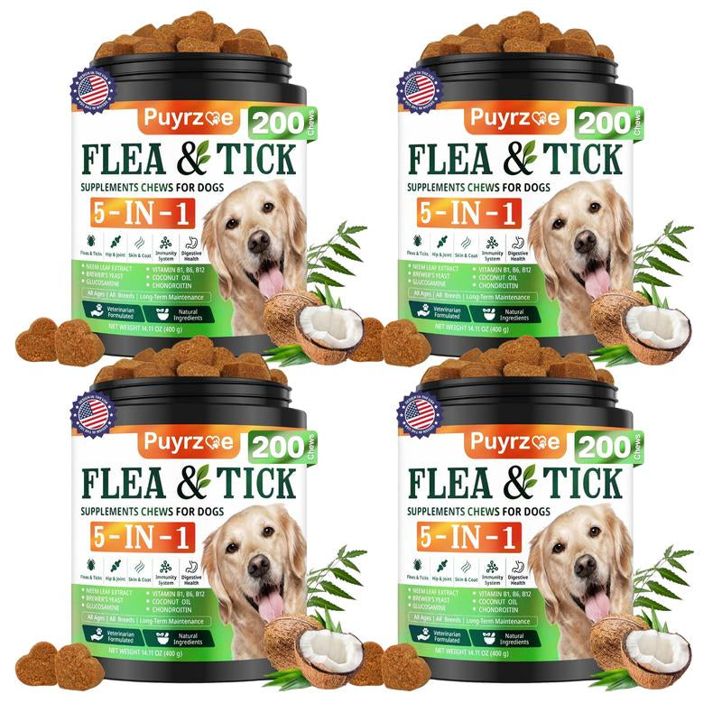 PUYRZOE 5-In-1 Natural Flea & Tick Chews for Dogs | Grain-Free Formula Supporting Joint, Skin, Immune, and Digestive Health | Delicious Beef Flavor for All Ages