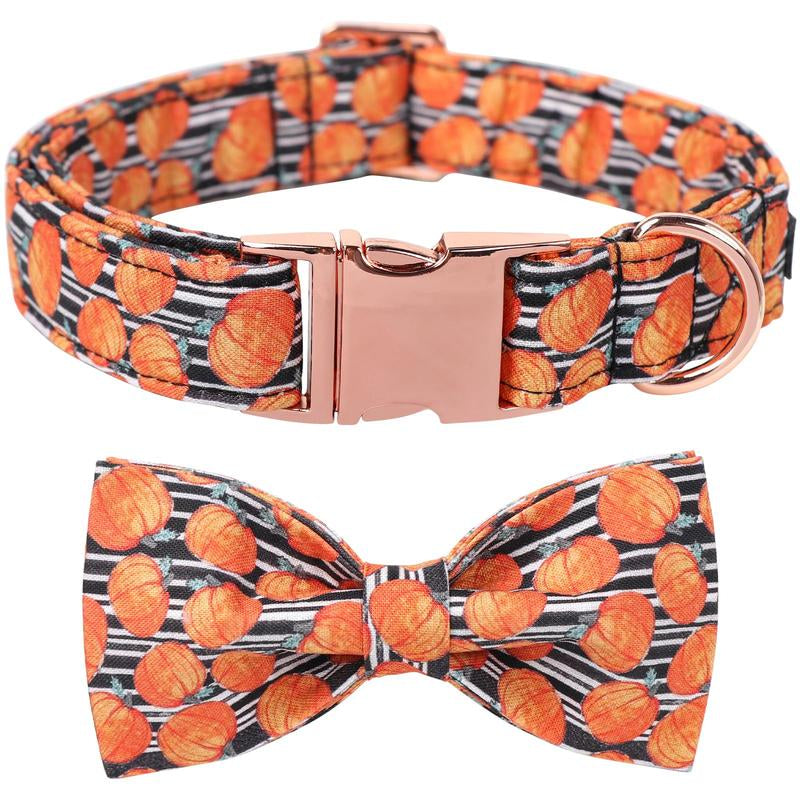 Stylish Maca Bates Halloween Dog Collar - Adjustable Ghost & Pumpkin Design with Bowtie, Perfect Gift for Dogs of All Sizes!