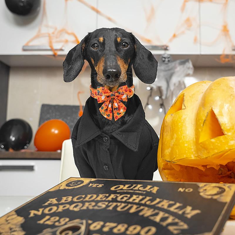 Stylish Maca Bates Halloween Dog Collar - Adjustable Ghost & Pumpkin Design with Bowtie, Perfect Gift for Dogs of All Sizes!