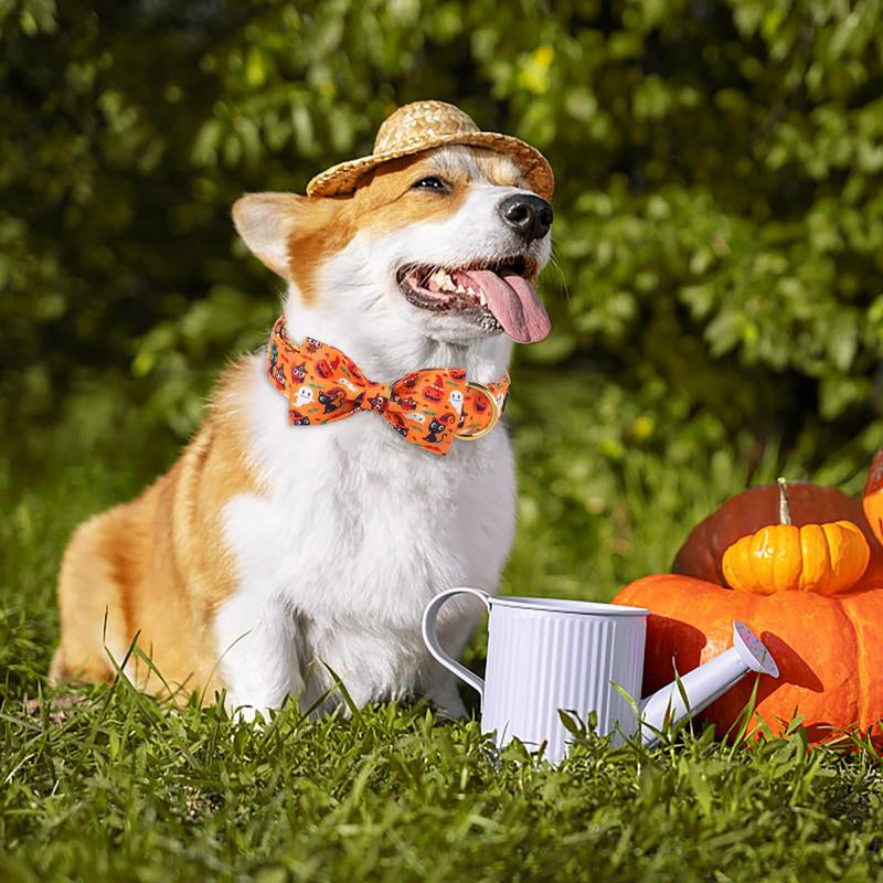 Stylish Maca Bates Halloween Dog Collar - Adjustable Ghost & Pumpkin Design with Bowtie, Perfect Gift for Dogs of All Sizes!