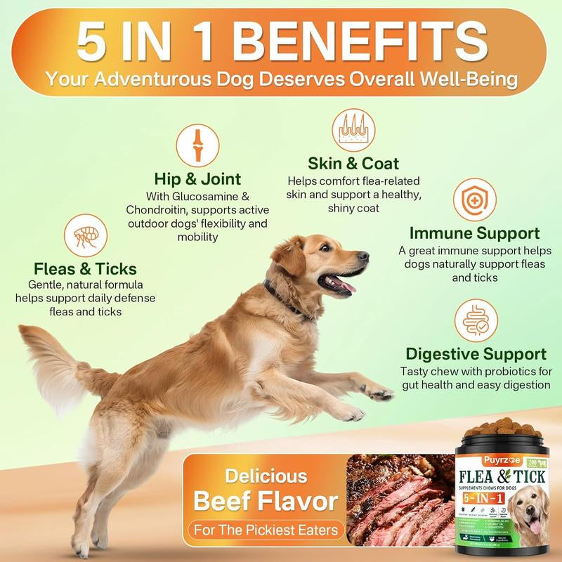 PUYRZOE 5-In-1 Natural Flea & Tick Chews for Dogs | Grain-Free Formula Supporting Joint, Skin, Immune, and Digestive Health | Delicious Beef Flavor for All Ages
