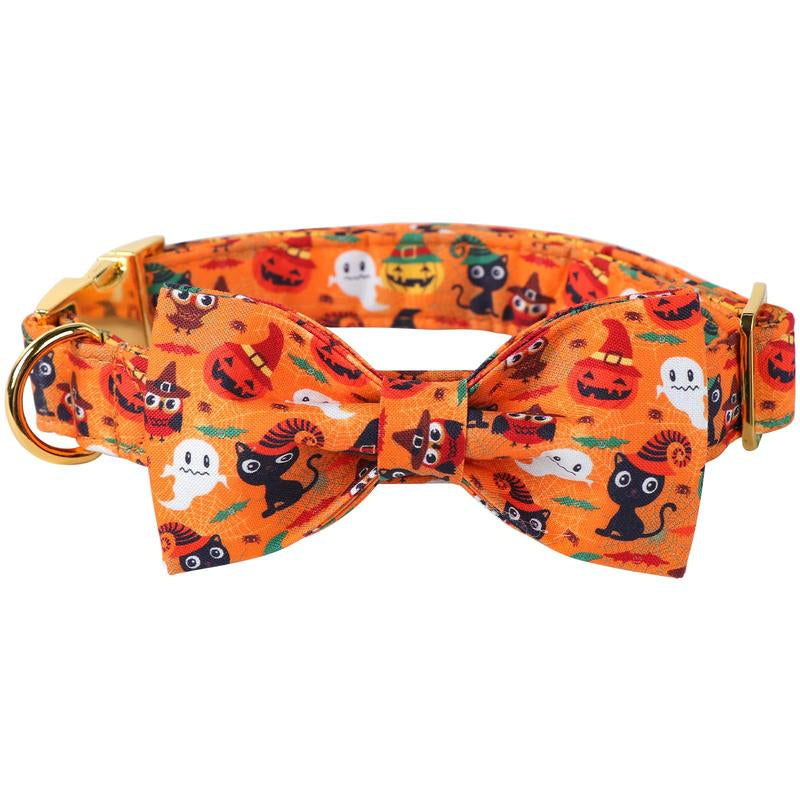 Stylish Maca Bates Halloween Dog Collar - Adjustable Ghost & Pumpkin Design with Bowtie, Perfect Gift for Dogs of All Sizes!