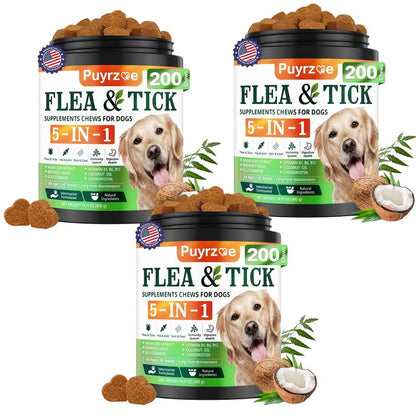 PUYRZOE 5-In-1 Natural Flea & Tick Chews for Dogs | Grain-Free Formula Supporting Joint, Skin, Immune, and Digestive Health | Delicious Beef Flavor for All Ages