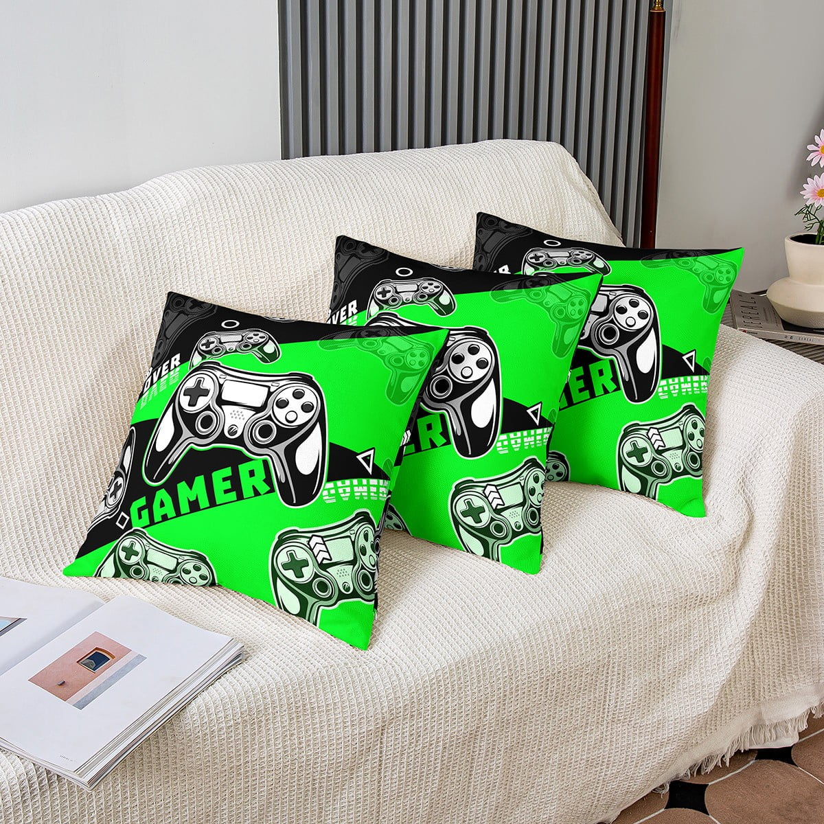 Gamer Pillow Cover Teens,Video Game Throw Pillow Cover 22X22 Inch,Gaming Cushion Cover Gamer Room Decor,Green Black Gamepad Controller Decorative Pillow Cover
