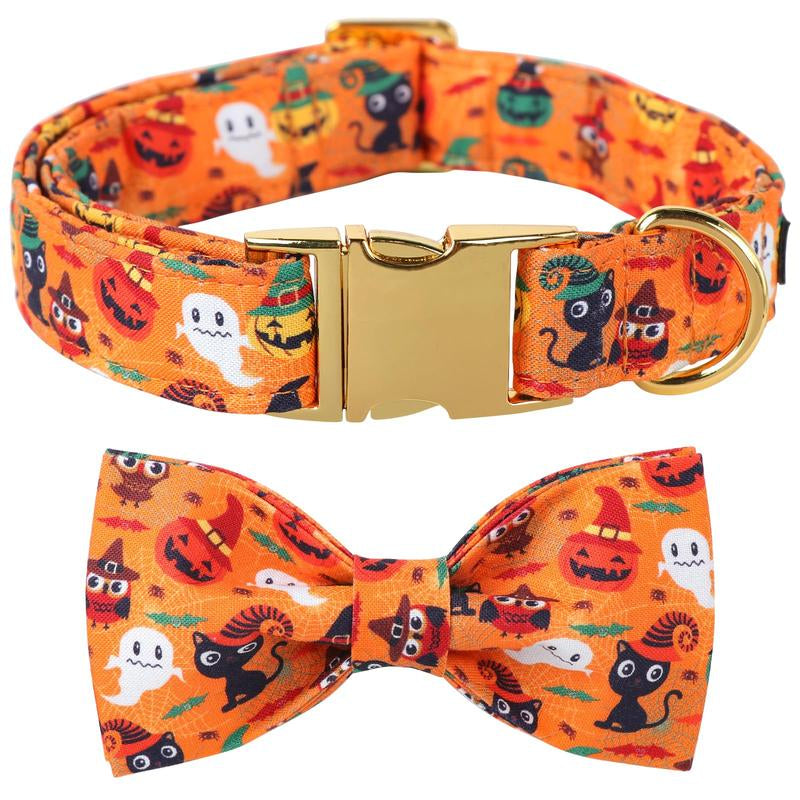 Stylish Maca Bates Halloween Dog Collar - Adjustable Ghost & Pumpkin Design with Bowtie, Perfect Gift for Dogs of All Sizes!