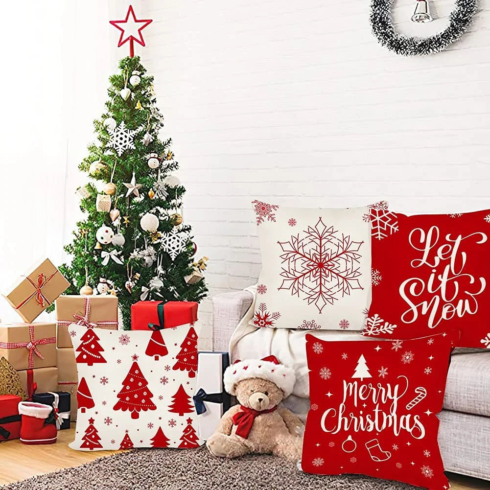 Christmas Pillow Covers,  18 X 18" Set of 4 Farmhouse Pillow Covers Holiday Rustic Linen Pillow Case for Sofa Couch Christmas Decorations Throw Pillow Covers, Red