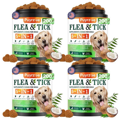 PUYRZOE 5-In-1 Natural Flea & Tick Chews for Dogs | Grain-Free Formula Supporting Joint, Skin, Immune, and Digestive Health | Delicious Beef Flavor for All Ages