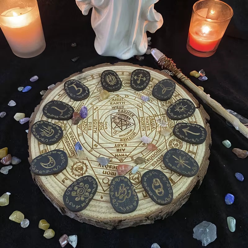 Discover Your Future with the 14 Pcs Engraved Wood Runes Stone Set - Perfect for Witches, Altar Decor, and Divination!