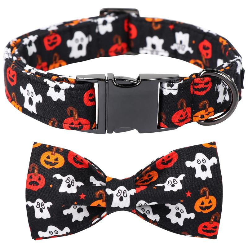 Stylish Maca Bates Halloween Dog Collar - Adjustable Ghost & Pumpkin Design with Bowtie, Perfect Gift for Dogs of All Sizes!
