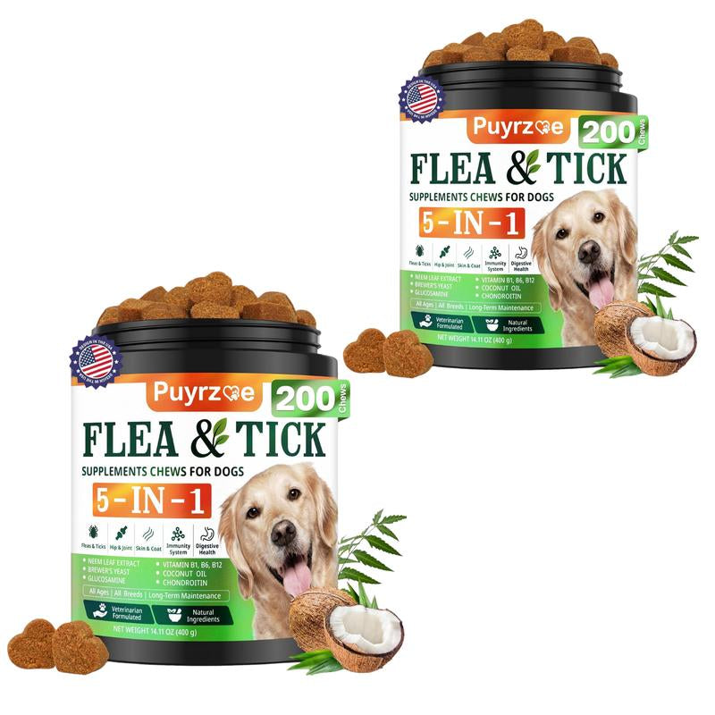 PUYRZOE 5-In-1 Natural Flea & Tick Chews for Dogs | Grain-Free Formula Supporting Joint, Skin, Immune, and Digestive Health | Delicious Beef Flavor for All Ages