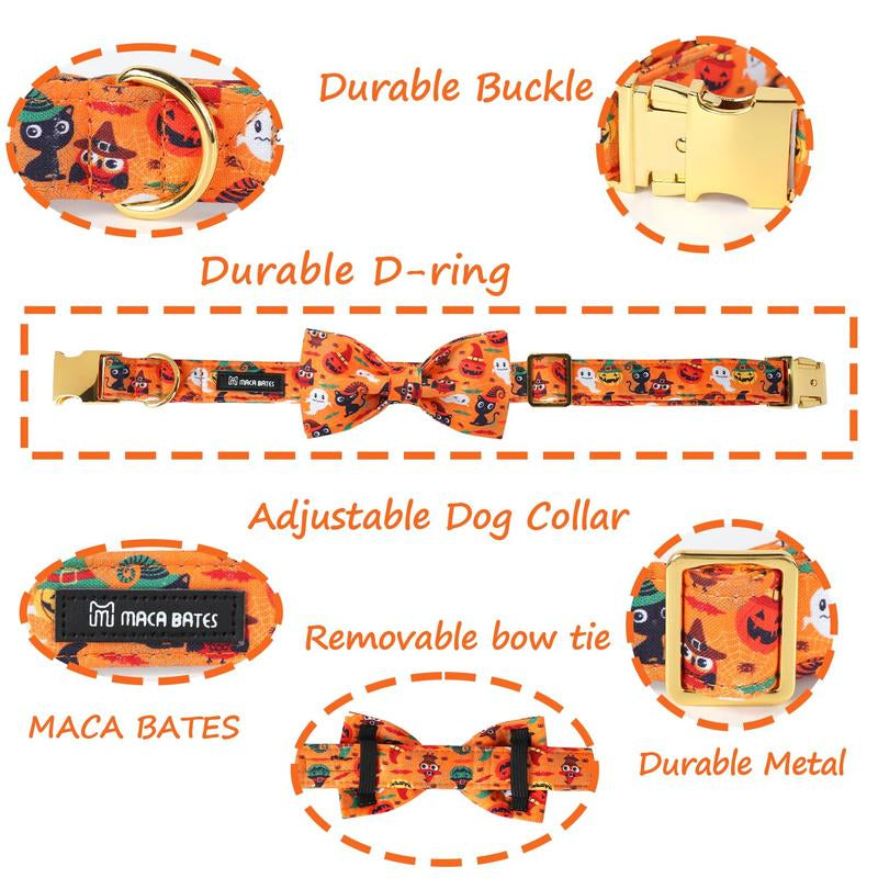 Stylish Maca Bates Halloween Dog Collar - Adjustable Ghost & Pumpkin Design with Bowtie, Perfect Gift for Dogs of All Sizes!