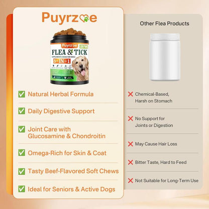 PUYRZOE 5-In-1 Natural Flea & Tick Chews for Dogs | Grain-Free Formula Supporting Joint, Skin, Immune, and Digestive Health | Delicious Beef Flavor for All Ages
