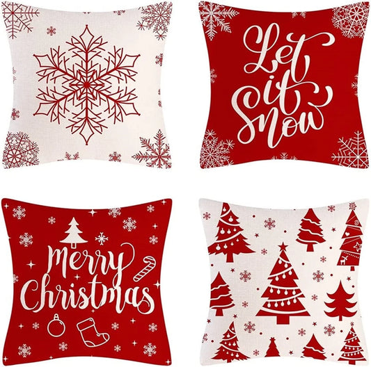 Christmas Pillow Covers,  18 X 18" Set of 4 Farmhouse Pillow Covers Holiday Rustic Linen Pillow Case for Sofa Couch Christmas Decorations Throw Pillow Covers, Red